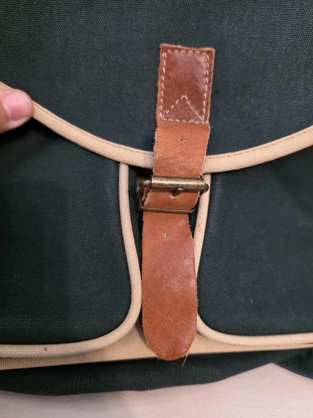 Dark Green Canvas Messenger Bag with Cream Trim
